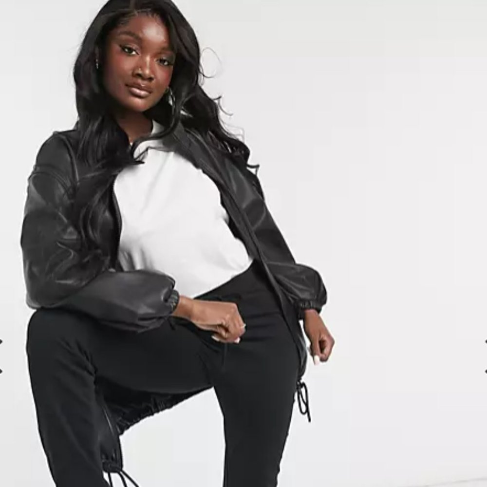 ASOS DESIGN Tall leather look bomber jacket in black